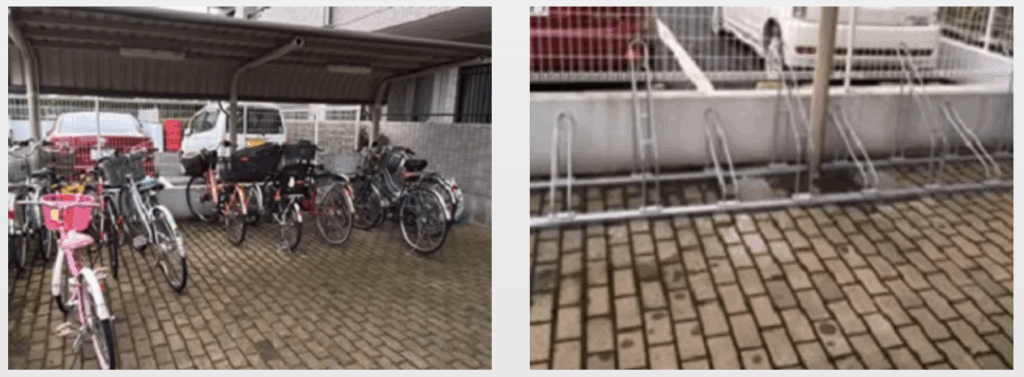 前輪ラックを導入した駐輪場の改修前と改修後の画像