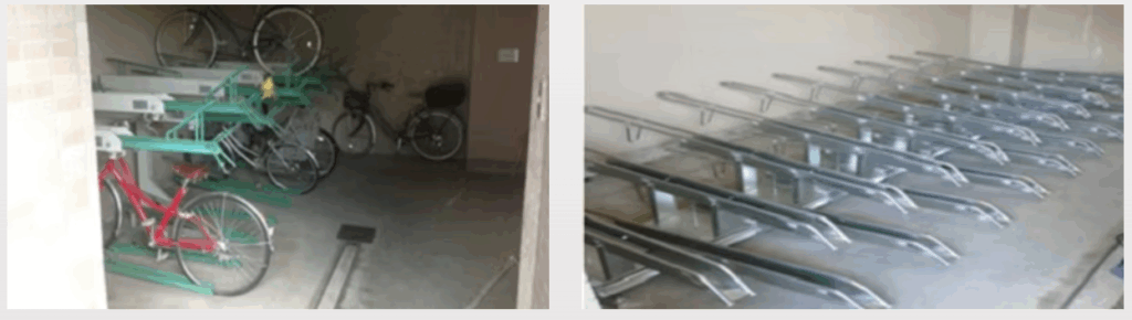 スライド式ラックを導入した駐輪場の改修前と改修後の画像