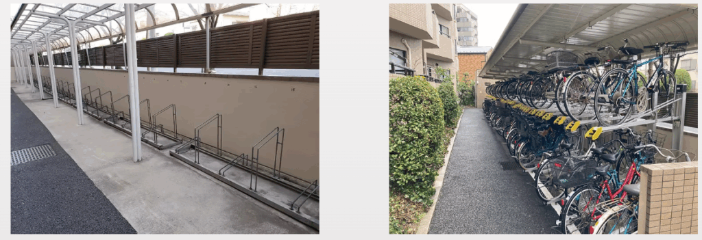 屋根も改修した駐輪場の改修前と改修後の画像