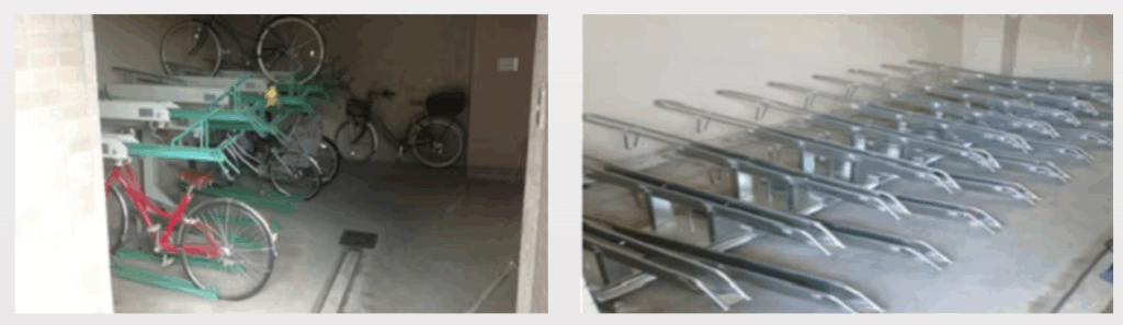 高低差付スライド式ラックを導入した駐輪場の改修前と改修後の画像