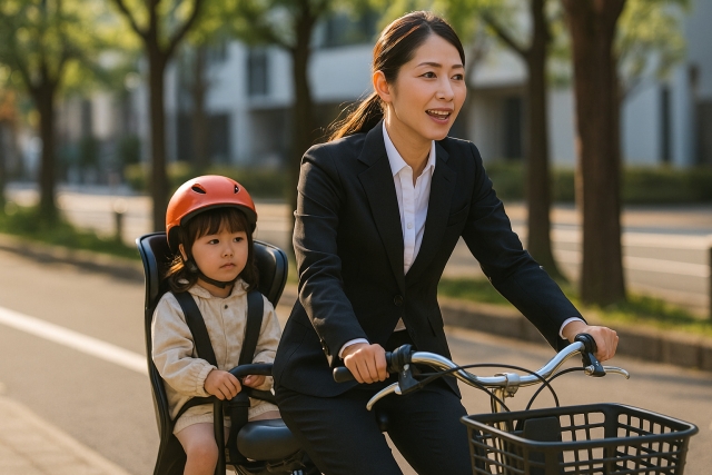 子供を乗せて自転車を漕ぐ女性