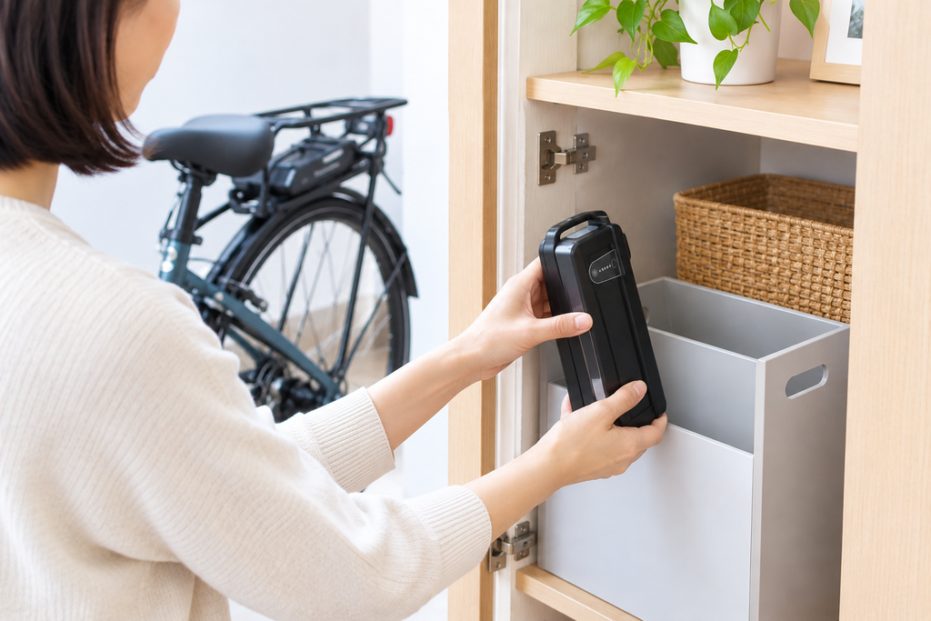 自転車のバッテリーを部屋で保管する様子